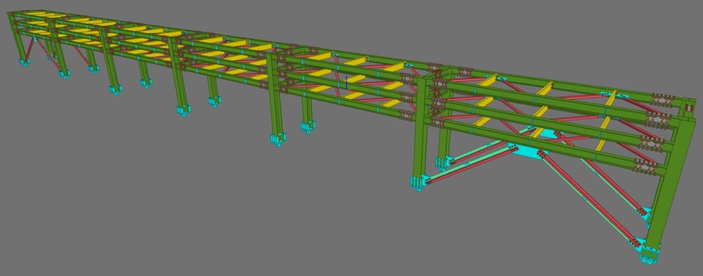 Rack de cañerías industriales modelado en 3D para planta minera